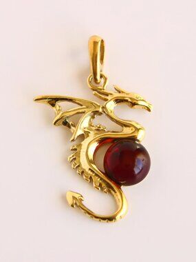 Baltic Cherry Amber Gold Dragon Pendant-14k Gold Plated Sterling Silver